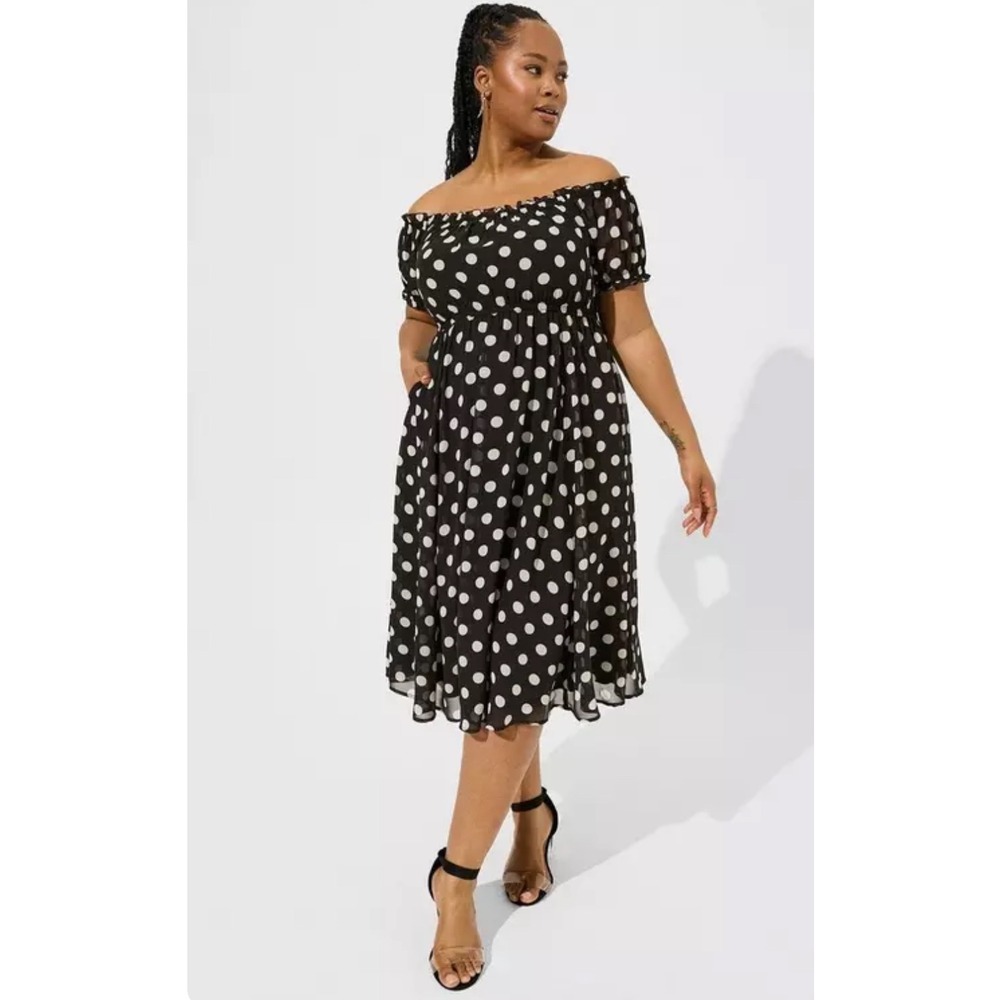 torrid Black and White Polka Dot Off-Shoulder Midi Dress